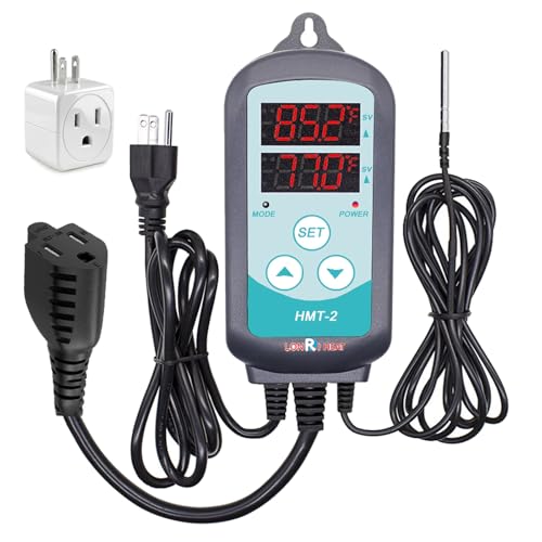 Temperature Controller Plug in Thermostat for Heat Mat & Reptile, 1500W Digital Thermostat Outlet with Probe, Heating & Cooling, Power-Off Memory, 3-Outlet for Multiple Devices