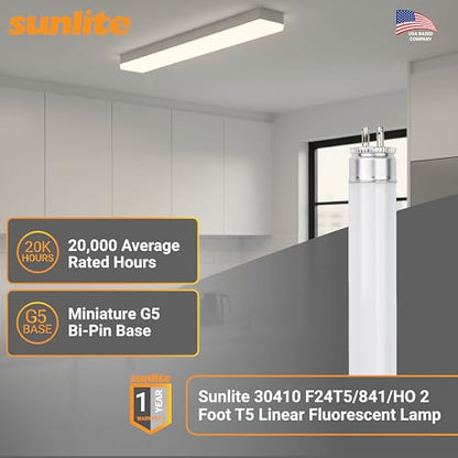 Sunlite 30410 F24T5/841/HO 2 Foot T5 Linear Fluorescent Lamp, 24 Watts, 1800 Lumens, 4100K Cool White, Miniature G5 Bi-Pin Base, ROHS Compliant, High Performance Straight Tube, 40 Pack - color: 4100k, style: 24 watts (22.20-Inch)