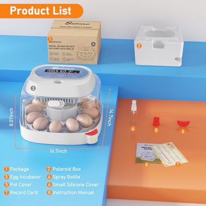 Sailnovo 12 Egg Incubator with Automatic Egg Turning and Humidity Display, Built-in Candler & 360° View Window, Manual & Preset Modes for Hatching Chicken Duck Quail Eggs Home Classroom Lab