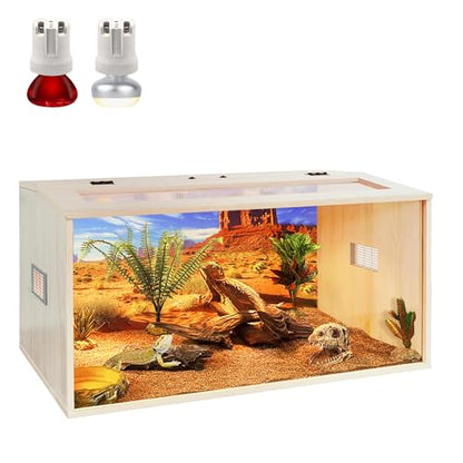 PROLEE Bearded Dragon Tank, 35 Gallons Wooden Reptile Enslosure, Tempered Glass Lizard Tank, Large Bearded Dragon Enclosure with Built-in Lamp Fixture for Lizard - size: 35Gallons