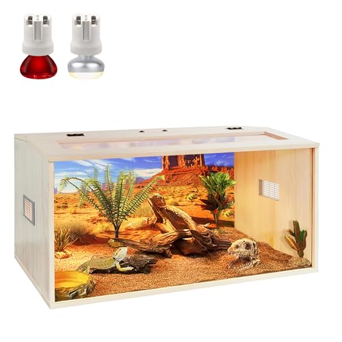 PROLEE Bearded Dragon Tank, 35 Gallons Wooden Reptile Enslosure, Tempered Glass Lizard Tank, Large Bearded Dragon Enclosure with Built-in Lamp Fixture for Lizard - size: 35 gallons