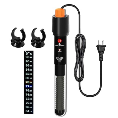 PULACO 100Watt Aquarium Heater for 15-25 Gallon Fish Tank, Adjustable Submersible Heater Thermostat with Thermometer Strip and Suction Cup