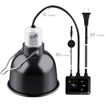 Reptile Heat Lamp Fixture with Dimming Thermostat - 5.5'' Light Dome with PID Thermostat, for Ceramic Heat Emitter & Basking Light Bulb, for Bearded Dragon, Snake, Tortoise, Lizard Tank Accessories