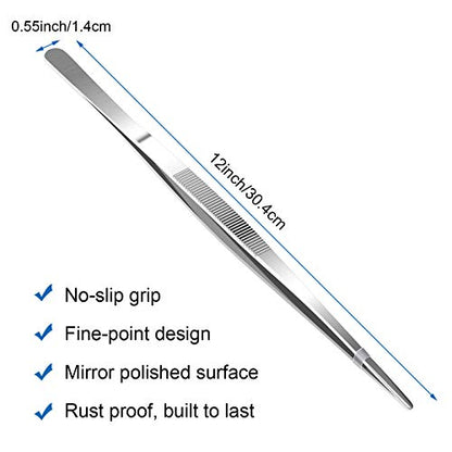 AHIER 12inch Kitchen tweezer Stainless Steel, Long tweezer with Precision Serrated Tips for Cooking Pincette for Sea food, Bar Tweezer - size: 12"