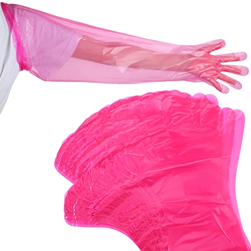 Patelai 50 Pcs Disposable Dressing Gutting Gloves 1.6 Mil Shoulder Length Hunting Field Dressing Glove for Deer Cleaning Gutt - color: Pink