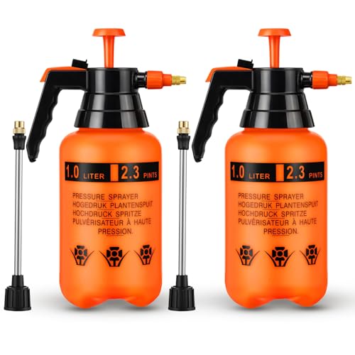 2 Set Handheld Pump Sprayer 34 oz Garden Pump Sprayers 1l/0.26 Gallon Adjustable Water Spray Bottles with Steel Nozzle Extended Rod for Plant Mist Watering Spraying Fertilizing Cleaning - color: Orange, size: 1L