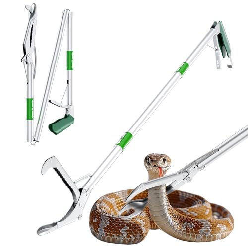 50" Folding Snake Grabber Tongs, Stainless Steel Snake Catcher Tool with Wide Jaws & Non-Slip Handle – Humane Reptile Handling Stick for Outdoor, Yard, Farm & Camping Use - color: Green