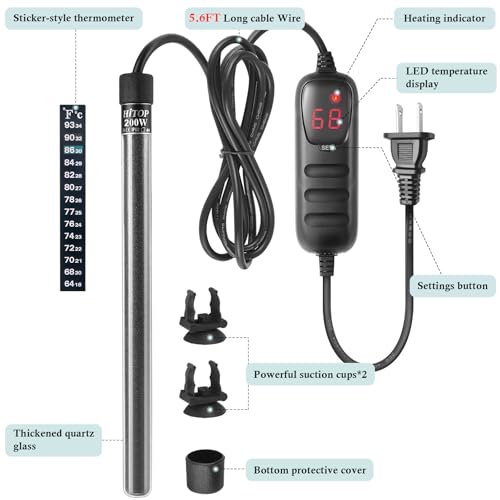 HITOP Compact Submersible Aquarium Heater -200W Digita Heater for Fish Tank Turtle Tank, for Saltwater and Fresh Water with Temperature Controller - size: (30-50Gal) 200W