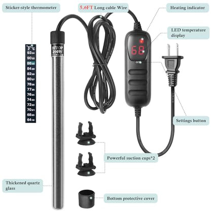 HITOP Compact Submersible Aquarium Heater -200W Digita Heater for Fish Tank Turtle Tank, for Saltwater and Fresh Water with Temperature Controller - size: (30-50Gal) 200W