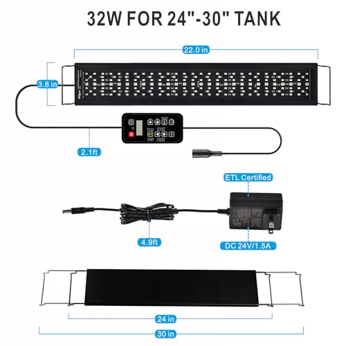 Advanced 7-Row LED Aquarium Light, Easy Setup Controller, Auto On Off Full Spectrum Fish Tank Light, 24/7 Lighting Cycle, 8 Colors, 10 Level Dimming, 32W for 24"-30" Freshwater Planted Tank - size: 24-30 inches