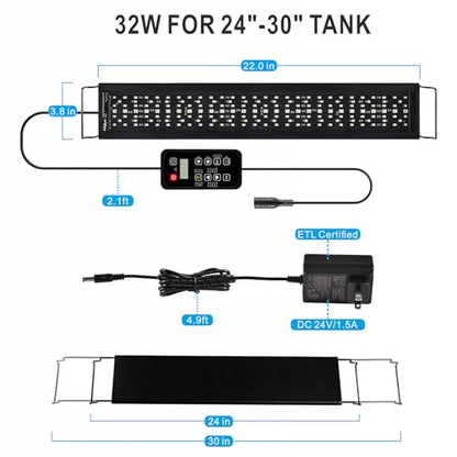 Advanced 7-Row LED Aquarium Light, Easy Setup Controller, Auto On Off Full Spectrum Fish Tank Light, 24/7 Lighting Cycle, 8 Colors, 10 Level Dimming, 32W for 24"-30" Freshwater Planted Tank - size: 24-30 inches