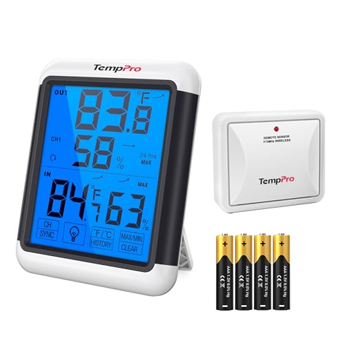 TempPro TP65 Indoor Outdoor Thermometer Digital Wireless Hygrometer Temperature Humidity Monitor with Jumbo Touchscreen and Backlight Humidity Gauge,LCD (Previously ThermoPro) - size: In-Outdoor