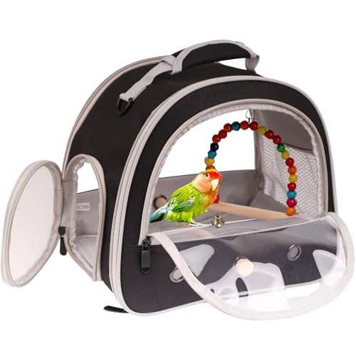 Portable Parrot Travel Cage Carrier with Small Swing Toy&Cage Colorful Toys Set Small Bird Parakeet Bag with Standing Perch Bird Carry Transport Bag (Black, Carreir/Swing) - color: Black, size: Carrier/swing