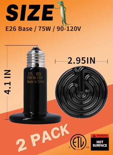 75W 2 Pack Ceramic Reptile Heat Lamp, Pet Heat Emitter Bulbs, No Light Emitting Brooder Coop Heater for Reptile and Amphibian, Snake, Turtle, Lizard, Bearded Dragon, Black