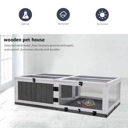 Outdoor Wooden Cage, Upgrade Waterproof Tray, Wooden Turtle House, Indoor Small Animal Turtle Cage with Rest Area and Play Water Game Area Reptile, Gray