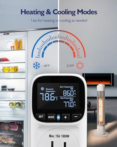 Digital Temperature Controller, Heating & Cooling Thermostat Plug Outlet, –40°F~210°F, 15A 1800W, LCD Display, Temperature Controlled Outlet for Home, Greenhouse, Chicken Coop, Reptile - style: White