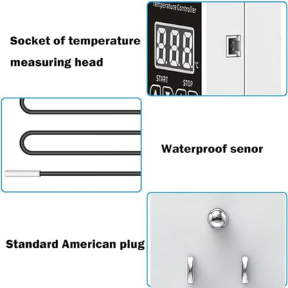 Greenhouse Thermostat Plug Socket LCD Screen with Waterproof Sensor Probe for Reptile Home US Plug