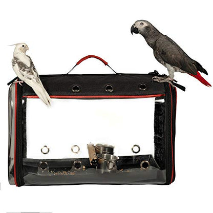 Colorday Lightweight Bird Carrier Travel Cage, Large 19x12x13 inch | For Travelers, Parrot Feeder Cups Included, Standing Perch Included, With Tray, Black