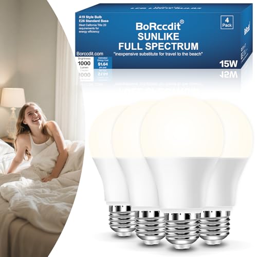 BoRccidt SunLike Full Spectrum Light Bulb LED 15W=100W, 5000K Daylight Flicker-Free & UV-Free, 90+CRI & 30000H Lifespan, 3-Pack A19 E26/E27 Natural Sunlight Light Bulbs for Humans, Home, Office, Plant - color: 5000k Daylight, size: 4 Packs