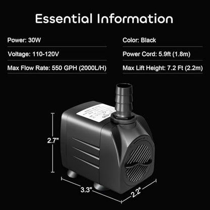 GROWNEER 550GPH Submersible Pump 30W Fountain Water Pump, 2000L/H, with 7.2ft High Lift, 3 Nozzles for Aquarium, Fish Tank, Pond, Hydroponics, Statuary (Pack of 2) - size: 550 GPH (Pack of 2)
