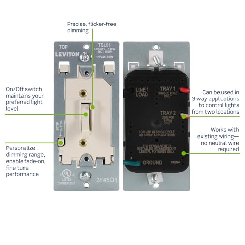 Leviton Toggle Slide LED Advanced Dimmer Switch for 150W Dimmable LED, Halogen and Incandescent Bulbs and Fixtures, TSL01-T, Light Almond - color: Light Almond