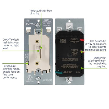Leviton Toggle Slide LED Advanced Dimmer Switch for 150W Dimmable LED, Halogen and Incandescent Bulbs and Fixtures, TSL01-T, Light Almond - color: Light Almond