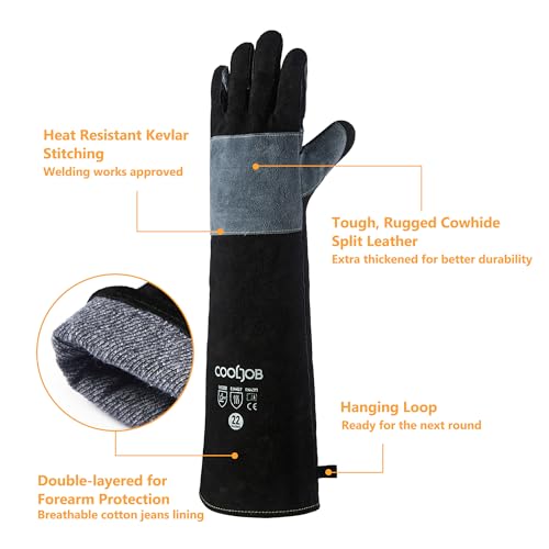 COOLJOB Bite Proof Animal Handling Gloves, Cowhide Leather with Kevlar Stitching for Cat Grooming, Dog Training, 16/22” - color: Blue-black, 22"