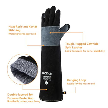 COOLJOB Bite Proof Animal Handling Gloves, Cowhide Leather with Kevlar Stitching for Cat Grooming, Dog Training, 16/22” - color: Blue-black, 22"