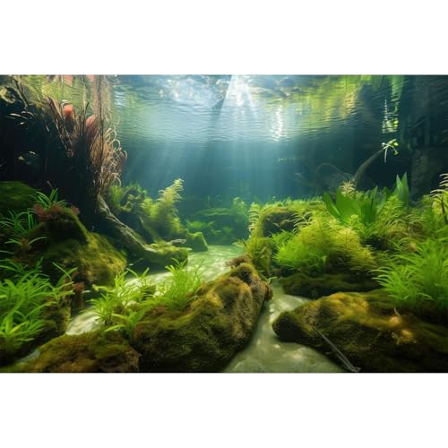 Underwater Aquarium Background Underwater Aquatic Plants with Sunbeams Fish Tank Background Rock with Lush Moss Terrarium Background Aquarium Backdrop For Tank Decorations Poster Vinyl 24x16in - color: Moss Green, size: 24(W)x16(H)in