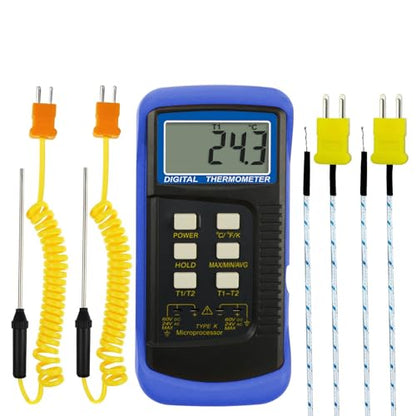 Digital K Type Thermometer with 4 Thermocouples, Dual Channels Thermocouple Tester with MAX/MIN/AVG Temperature Measurement (-501300C)