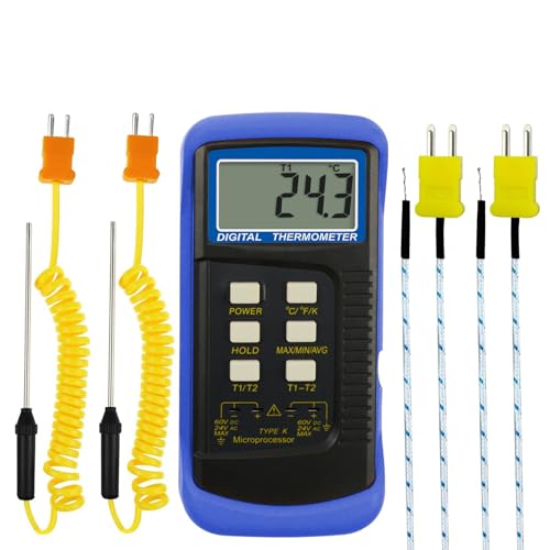 Digital K Type Thermometer with 4 Thermocouples, Dual Channels Thermocouple Tester with MAX/MIN/AVG Temperature Measurement (-501300C)