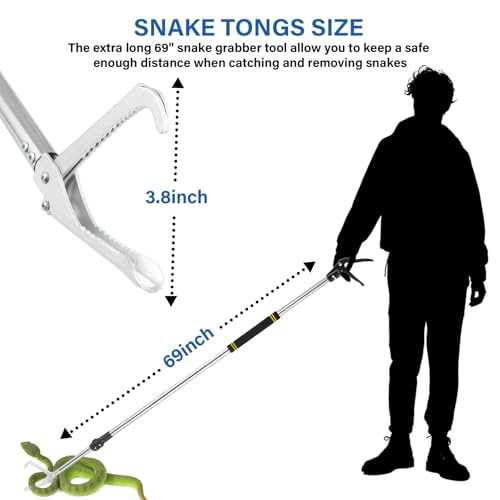 Snake Catcher Grabber, 69" Snake Grabber Tool for Rattlesnake Heavy Duty Professional Reptile Tongs Extra Long with Wide Jaw Handling Tool Stainless Steel Tube Sponge Handle