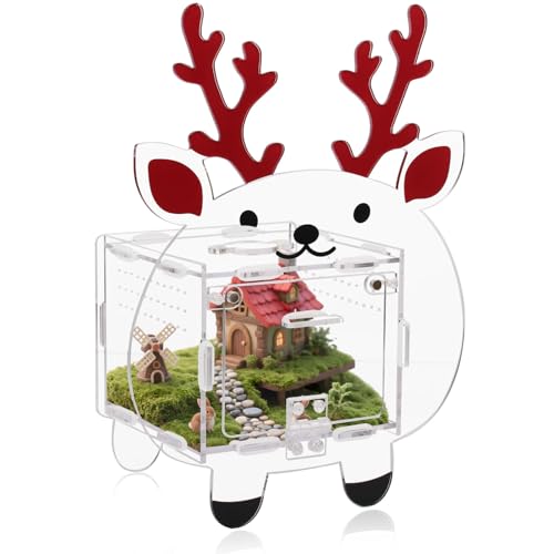 Acrylic Jumping Spider Enclosure 4.7x4.7x3.5 Inches, Magnetic Front Opening Door Escape-Proof Habitat for Tarantulas & Small Reptiles, Cute Deer-Shaped Acrylic Terrarium