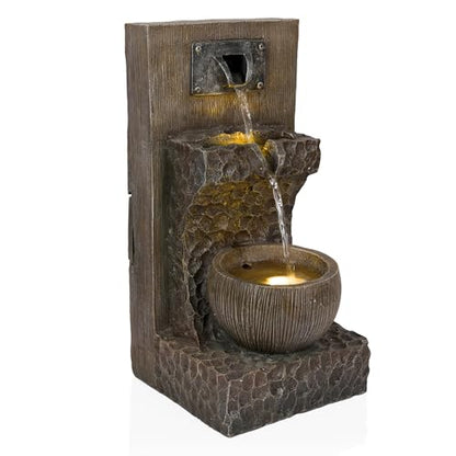 Alpine Corporation ZDQ108 Indoor/Outdoor Floor 3-Tier Fountain with LED Lights, Cascading Garden Water Fountain, 20" H, Brown - style: 20"H - Brown 3-Tier w/ LEDs