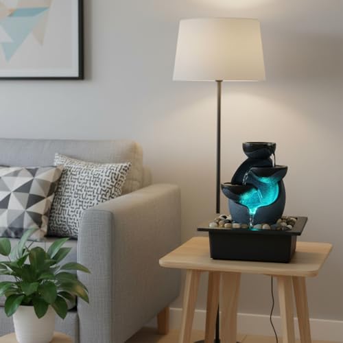 Tabletop Water Fountain with LED Lights, Indoor Resin Waterfall Fountain for Desk Office Home Decor, Zen Meditation Relaxation Feature with ON/Off Switch and Pebbles - size: A