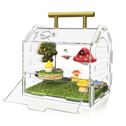 Jumping Spider Enclosure, 5.9" X 4.7" X 5.5" Acrylic Spider Habitat, Front Opening Reptile Terrarium with Matrix Ventilation Holes & Feeding Holes, for Hermit Crab Tarantula Mantises Beetles