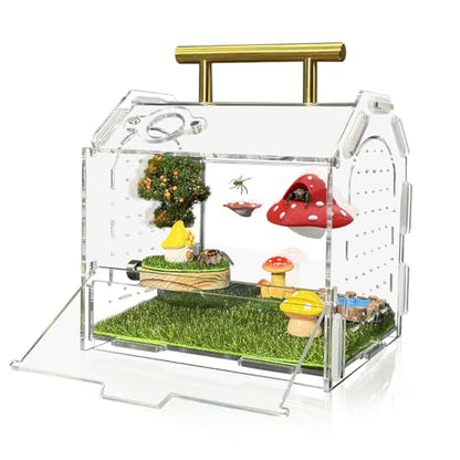 Jumping Spider Enclosure, 5.9" X 4.7" X 5.5" Acrylic Spider Habitat, Front Opening Reptile Terrarium with Matrix Ventilation Holes & Feeding Holes, for Hermit Crab Tarantula Mantises Beetles