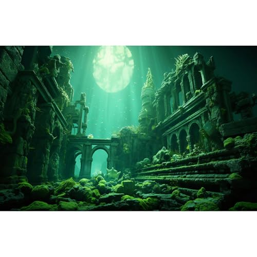 Underwater Aquarium Background Undersea Roman Building with Plants Around Seabed Fish Tank Background Underwater Building Stone with Moss Terrarium Background Undersea Aquarium Backdrop 30x18in - color: Ocean Green, size: 30(W)x18(H)in