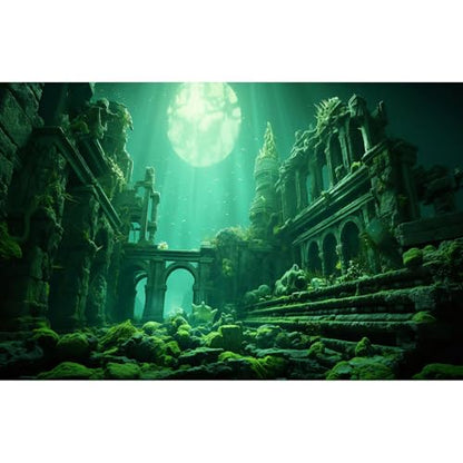 Underwater Aquarium Background Undersea Roman Building with Plants Around Seabed Fish Tank Background Underwater Building Stone with Moss Terrarium Background Undersea Aquarium Backdrop 30x18in - color: Ocean Green, size: 30(W)x18(H)in