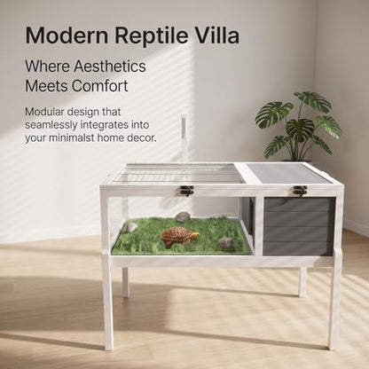 39.5" Large Wooden Reptile Habitat Tortoise House with Lamp Holder, Clear View Window & 2 Waterproof Trays, Detachable Legs Indoor Outdoor Enclosure for Turtles Lizards Geckos Small Pets
