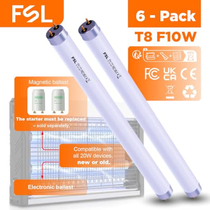 FSL BL T8F10W 365nm UV Black Light 13Inch Tubes 6-Pack for 20W Device | Next‑Generation 365nm Narrow-Spectrum;Widely compatible; Low light attenuation