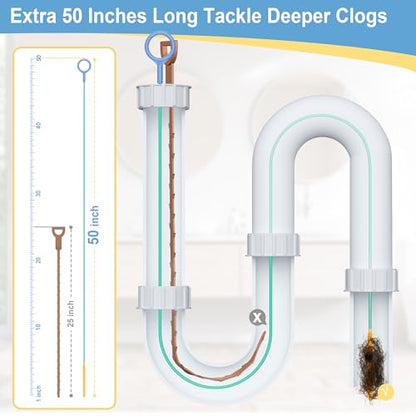 Sink Snake Drain Hair Removal Tool, Reusable 50 Inch Extended Drain Snake Tool Clog Remover, Anti-break Metal Shower Plumbing Snake Drain Cleaner for Bathtub, Bathroom Sink Pipe Cleaning (3 Pack)
