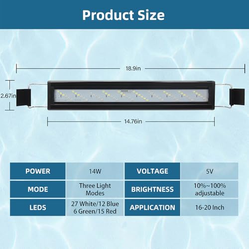 DaToo LED Aquarium Light Full Spectrum Fish Tank Light with Dimmer White Blue Red Green LEDs Fish Tank Light with Three Lighting Modes and Extendable Bracket for 16 Inch to 20 Inch Aquarium - size: 16~20 Inch