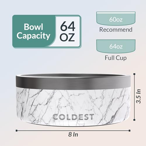 Coldest Dog Bowl - Anti Rust Metal, Non Slip, 3 Layers Insulated Stainless Steel Dog Bowls - Spill Proof & Heavy Duty - Water Bowl for Dogs, Cats & Pets, Dish Washer Safe (64 oz, Carrara Marble) - color: Carrara Marble, size: 64 oz