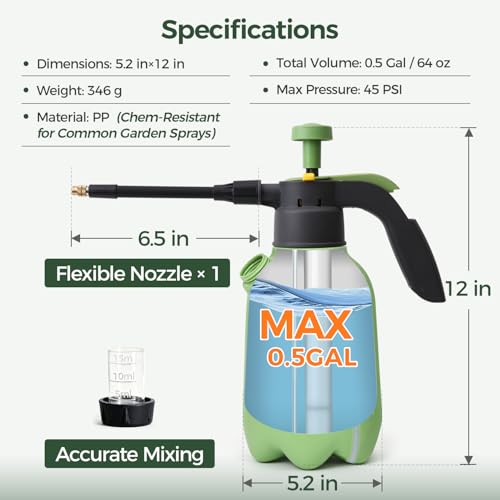 T4U 1/2 Gallon Pump Sprayer with Flexible Adjustable Nozzle, PP Hand Pump Pressure Sprayer with Built-in Measuring Cup for Home Garden Plant Care and Household Cleaning, Indoor & Outdoor Use - size: Flexible Nozzle