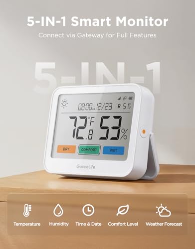 GoveeLife WiFi Thermometer Hygrometer, 5-in-1 Temperature and Humidity Monitor with Weather Station, Remote Sensor, Large LCD Display, Indoor Thermometer for Home Baby Room Greenhouse 3-Pack - style: Sub-1G Gateway+3 Pack