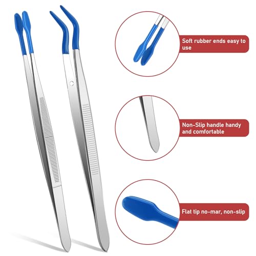 Rubber Tipped Tweezers, 2 Pcs PVC Coated Craft Tweezers Long Bent and Straight Flat Tip Precision Tweezer Set for Crafts Stamps Coin Beads Jewelry Industrial Electronic Lab (Blue) - color: Blue