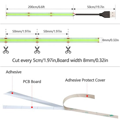 DC 5V USB COB Green LED Strip Light Dimmable IP65 Waterproof USB Powered 6.6ft/2M 640LEDs with Dimmer High Brightness Flexible LED Tape Lights - color: Green