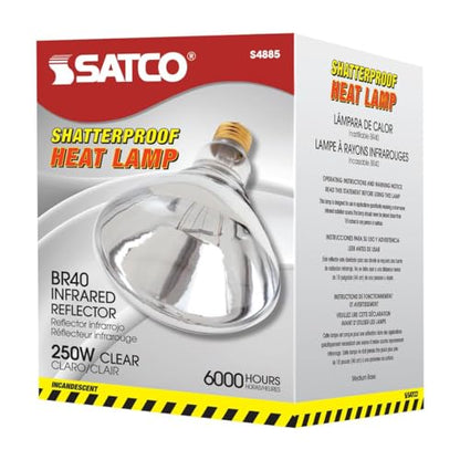 Satco S4885 BR40 Incandescent Heat Lamp Bulb, 250W, 120V, E26 Base, Clear Heat, Dimmable, Shatterproof PFA Coating, 6000H, 2700K, Bathrooms, Saunas, Industrial, Commercial Use (6 Pack)