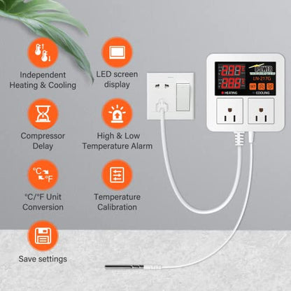 iPower Digital Temperature Controller, 1200W 10A Dual Outlet Thermostat Plug, 2-Stage Heating/Cooling Mode, for Seed Germination, Reptiles, Brewing Breeding, Fermenter Greenhouse